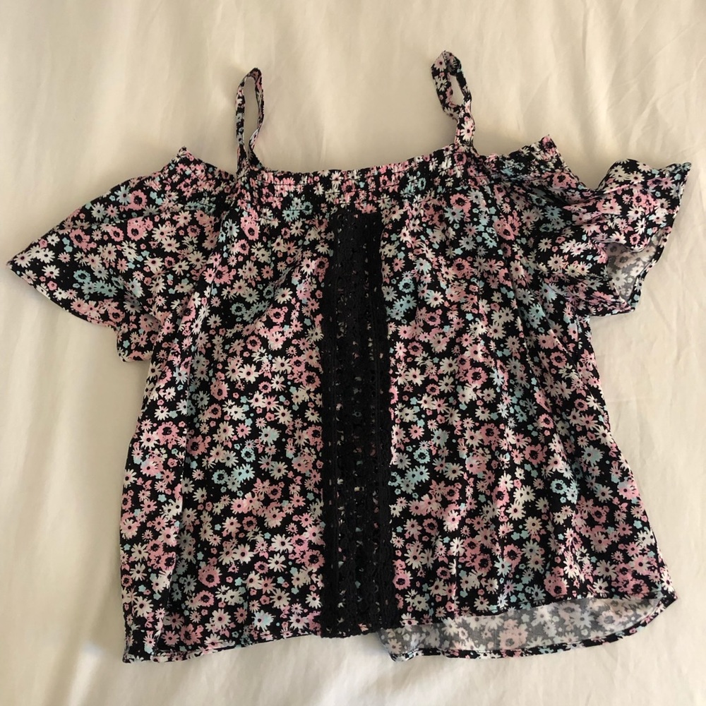 Floral laced up off the shoulder blouse.